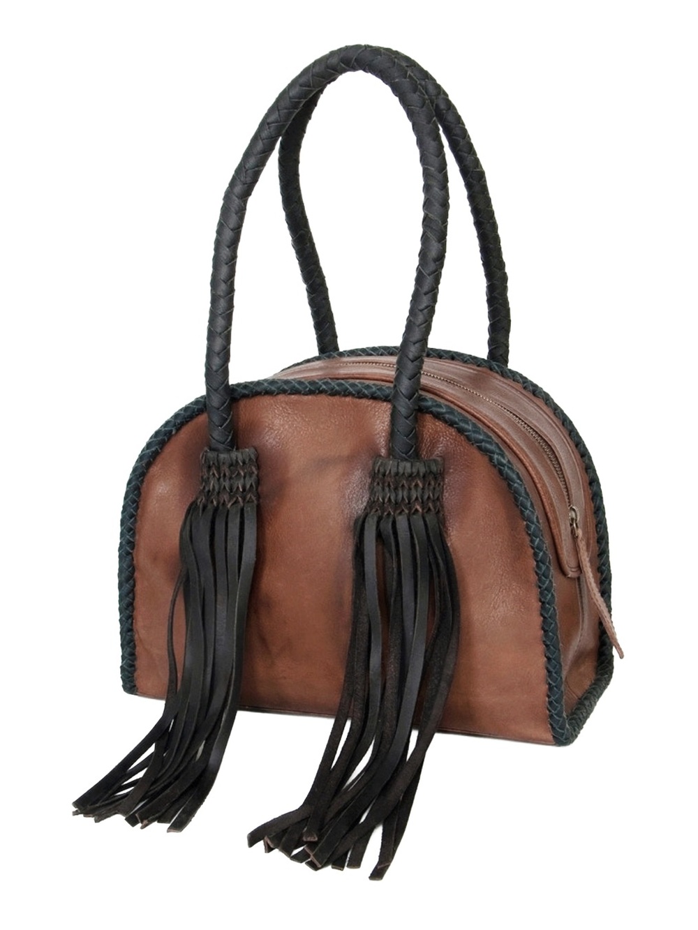 NWT American Darling Brown Leather Dome Satchel Bag with Black Fringe & Braided